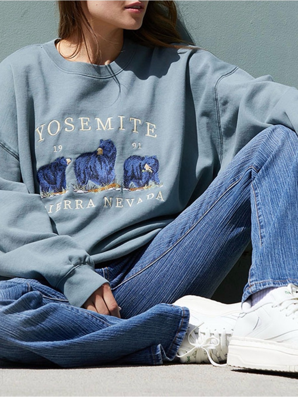 John Galt Brandy Melville Yosemite Crewneck Sweatshirt Embroidered Bear green OS